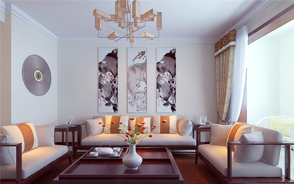 沙发背景挂了水墨挂画，与整个空间相搭配，为整个空间增添了中式元素。